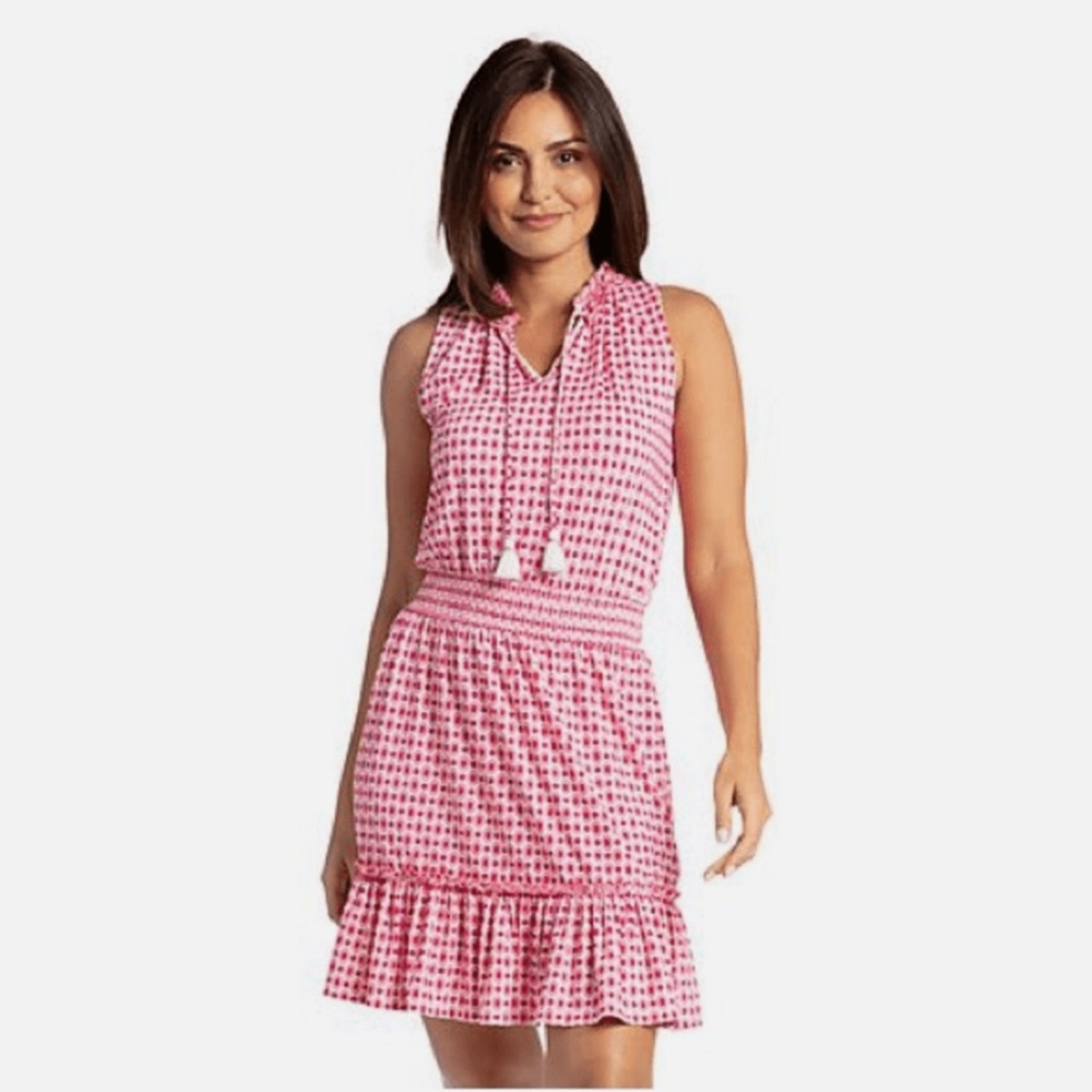 CABANA LIFE Coral Gables Smocked Waist Dress, Pink and White Geometric Size L - Picture 2 of 7